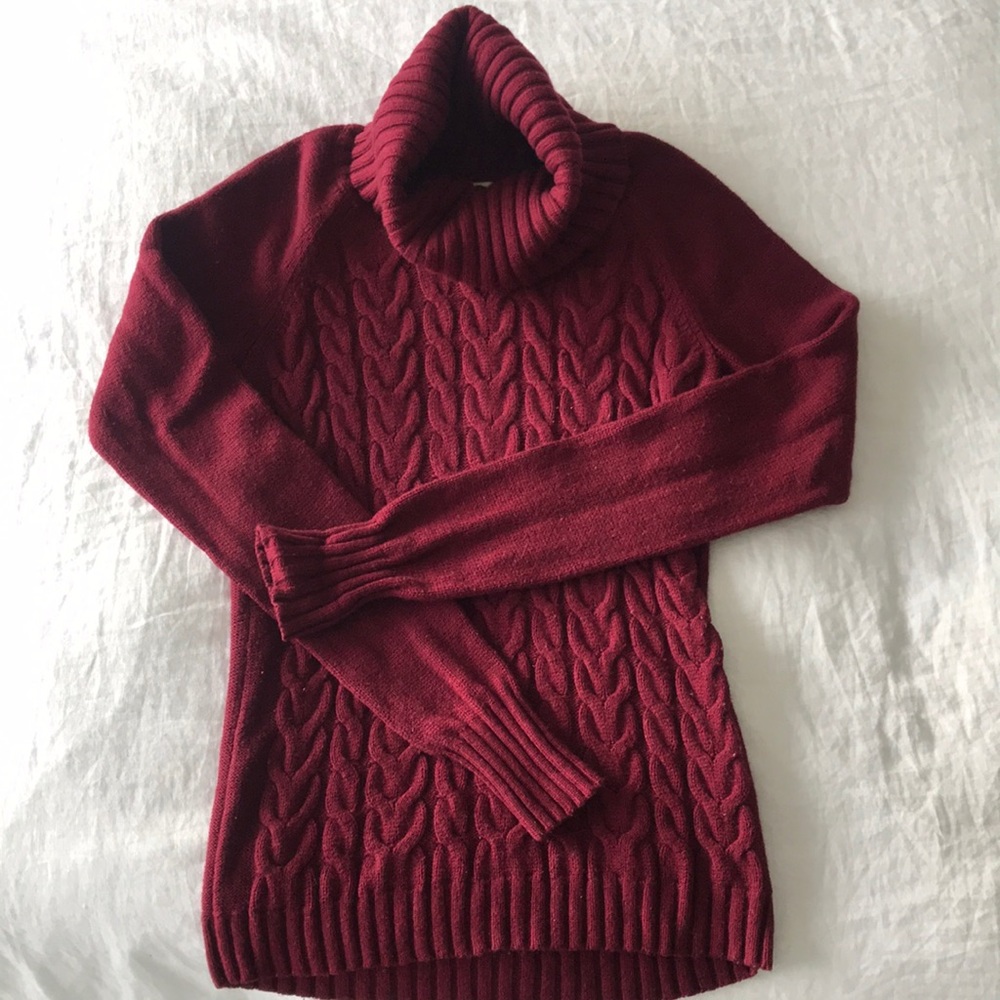 Banana Republic turtle neck cable knit sweater in burgundy.